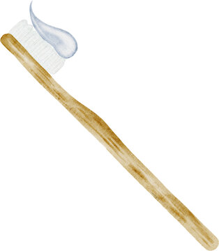 recommend clip art: Toothbrush with paste watercolor. Hand drawing of oral hygiene items. Ecological wooden, bamboo toothbrush. Clip art medicine. Ideal for posters in a dental office and design of doctors' blogs