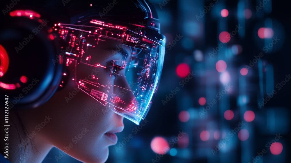 Poster high-tech virtual reality experience showcasing a user immersed in a digital world with glowing inte