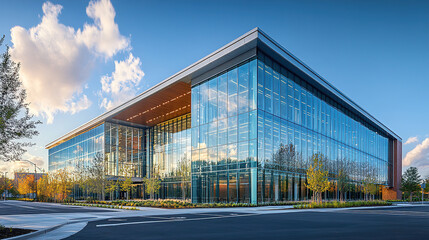 Obraz premium Modern glass building with reflective surface and landscaped surroundings during daylight. Generative AI