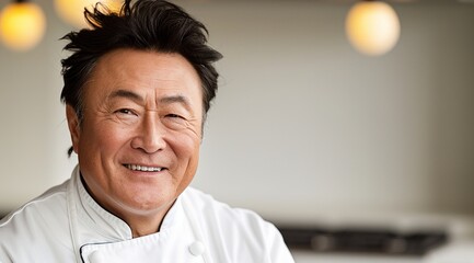 middle aged chinese chef in a restaurant kitchen smiling portrait 