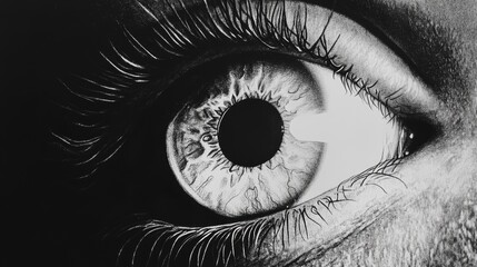 Fototapeta premium A dramatic close-up of a person's eye, rendered in striking black and white. The detail is exquisite, highlighting the intricate textures and subtle shadows.