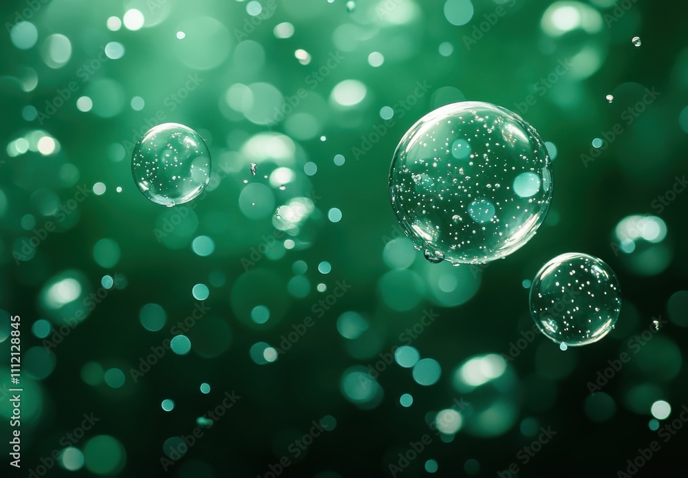 Poster beautiful green background with floating bubbles reflecting light and creating a magical atmosphere 