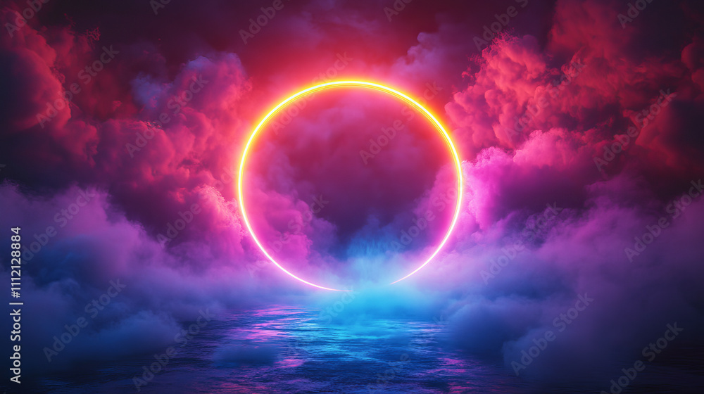 Aufkleber colorful neon light ring on a dark background with fog and clouds in the shape of a circular frame