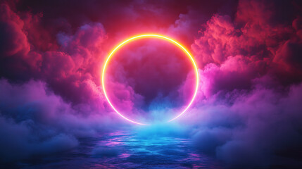 Colorful neon light ring on a dark background with fog and clouds in the shape of a circular frame