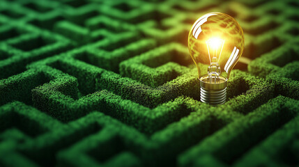 Illuminated light bulb in the center of a green maze symbolizing innovation, problem-solving, and sustainable ideas