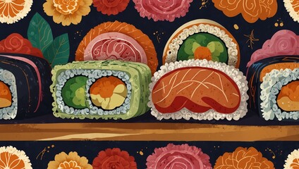 A variety of colorful sushi rolls