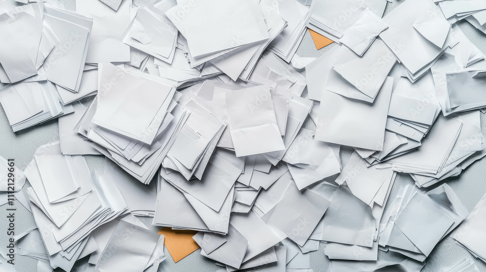 Poster top down view of numerous scattered sheets of paper on a light background