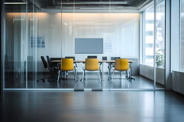 Modern conference room with glass walls and yellow chairs for professional meetings