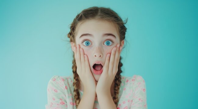 A young girl with bright blue eyes and braids shows a shocked expression on blue background.