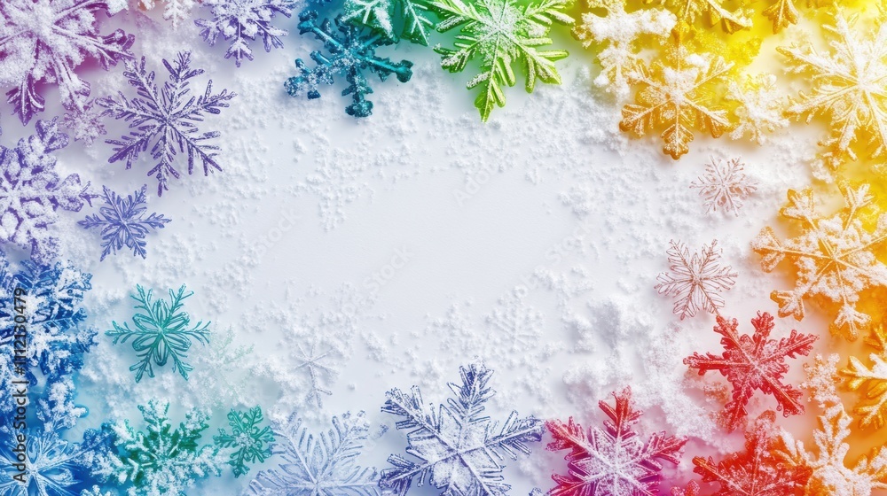 Poster colorful snowflakes in various shades surround a blank center, offering a decorative frame perfect f