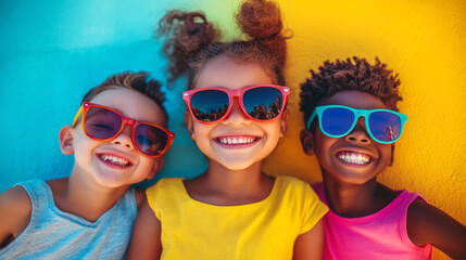 Three joyful children, of diverse ethnic background, against a bright wall. colorful sunglasses and vibrant t-shirts, smiling widely and radiating happiness and summer vibes. essence of friendship