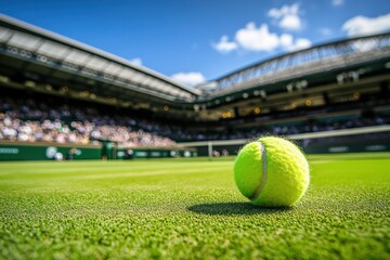 A tennis ball resting on a vibrant grass court with a crowd stadium and net in the background.
