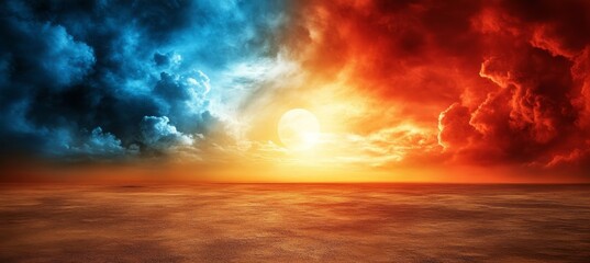 Obraz premium Dramatic Contrast of Sky, Fiery Red, Twilight Blue, Glowing Sun Above a Lifeless Landscape.