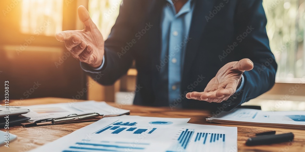Poster a businessman explaining data trends with charts and graphs in an office environment.