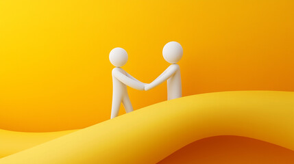Two minimalistic human figures shaking hands on a vibrant yellow abstract landscape symbolizing collaboration and mutual understanding