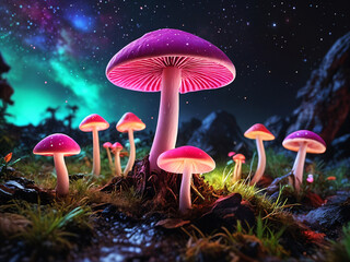 Vibrant neon mushrooms glowing in a mystical, cosmic backdrop. Perfect for fantasy and magical themes.