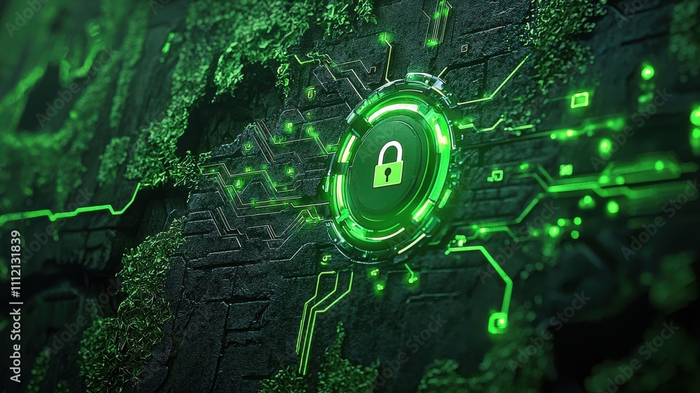 Poster a futuristic lock with glowing circuits on a textured surface, symbolizing digital security.