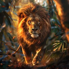 Majestic lion walking through jungle at sunset.
