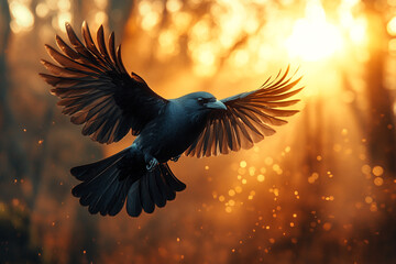 Obraz premium Black bird in flight golden sunset background