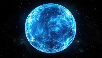 Obraz premium Bright Blue Stellar Sphere Surrounded by Cosmic Space with Twinkling Stars and Deep Dark Background for Science and Astronomy Themes