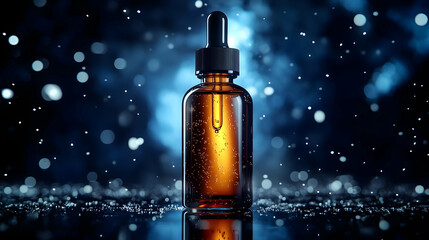 Amber Bottle 3D Render, Dark Blue Background
