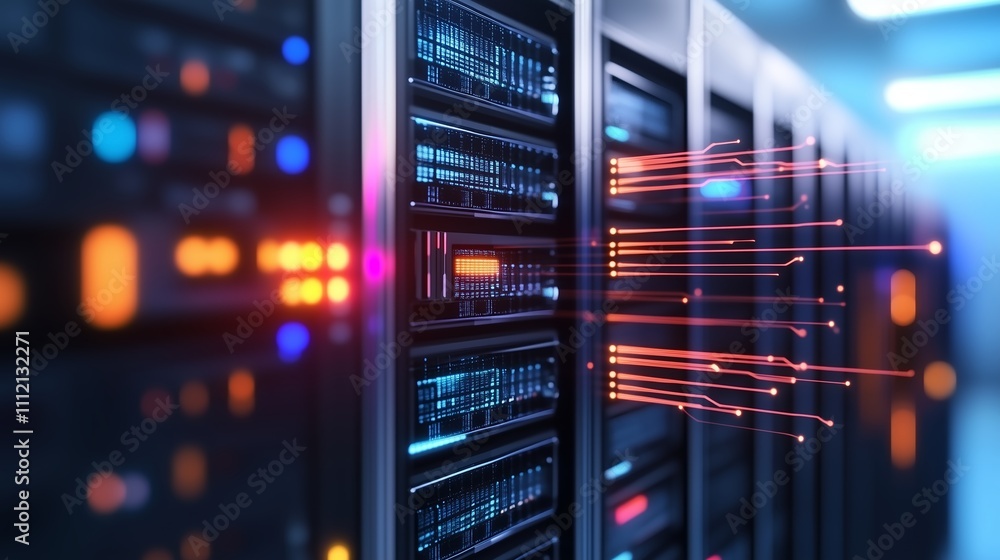 Poster data center with advanced servers and glowing lights transmitting information in a modern technology
