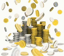 big stack of coin metal money with falling coins from sky 3D realistic money, cash, treasure pile, payment signs, bank, finance symbols vector flat illustration