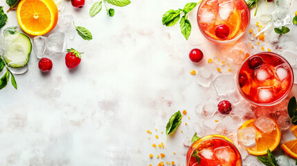 Cold white, pink and red sangria cocktails with fresh fruits, berries and mint.