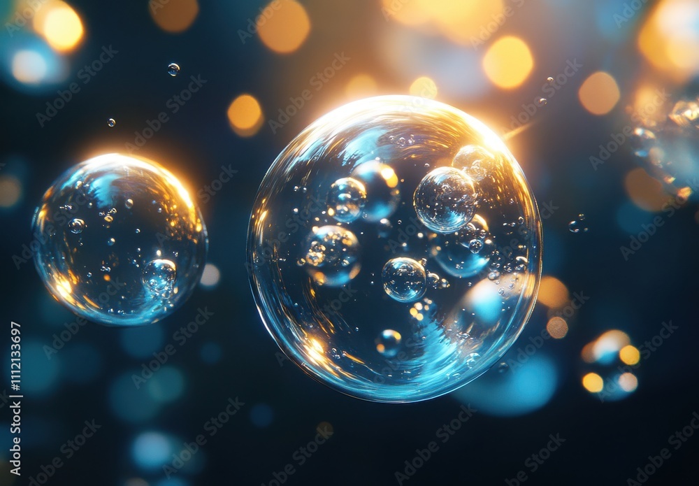 Poster captivating close-up of glimmering soap bubbles floating against a beautifully blurred background of