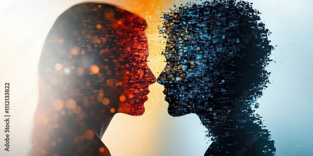 Poster double exposure of two silhouettes merging with digital elements, symbolizing connection and collabo
