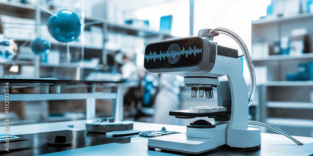 Poster high-tech biolab of the future, researchers working on genome-editing projects with advanced virtual