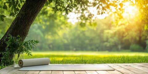 A serene yoga mat rolled out on a wooden deck under a tree in a sunlit park.