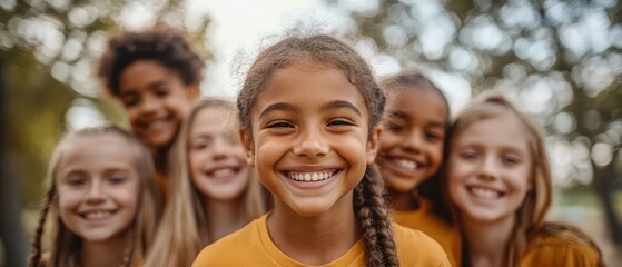Portrait of a happy children friends standing together outdoors, hugging and smiling in the park on holidays enjoying spending time in a summer camp. Team, unity and friendship concept