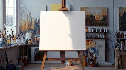 Blank canvas on the art studio. Empty artist canvas on wooden easel 