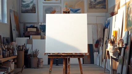 Blank canvas on the art studio. Empty artist canvas on wooden easel 