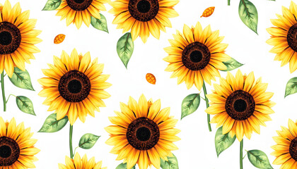 Seamless pattern with hand drawn watercolor sunflowers isolated highlighted by white, png