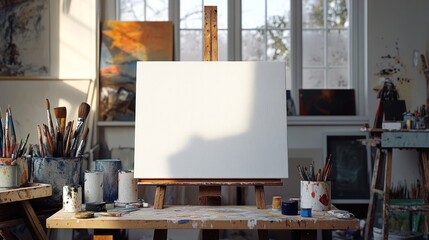 Blank canvas on the art studio. Empty artist canvas on wooden easel 