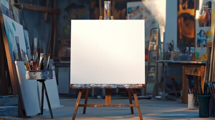 Blank canvas on the art studio. Empty artist canvas on wooden easel 