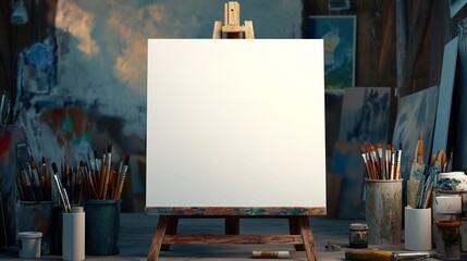 Blank canvas on the art studio. Empty artist canvas on wooden easel 