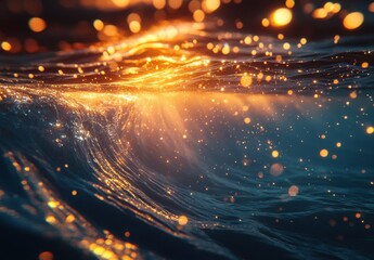 Fototapeta premium Captivating Waves Reflecting Golden Light Amidst Ocean Water, A Stunning Abstract Landscape of Glimmering Particles and Flowing Liquid Surface