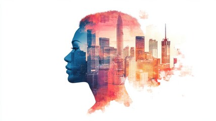 Abstract silhouette of a woman with a colorful cityscape blended in her profile.
