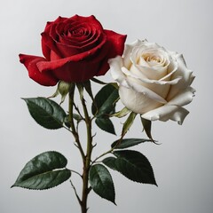 A single red rose placed delicately on a bright white background with a soft glow around it.

