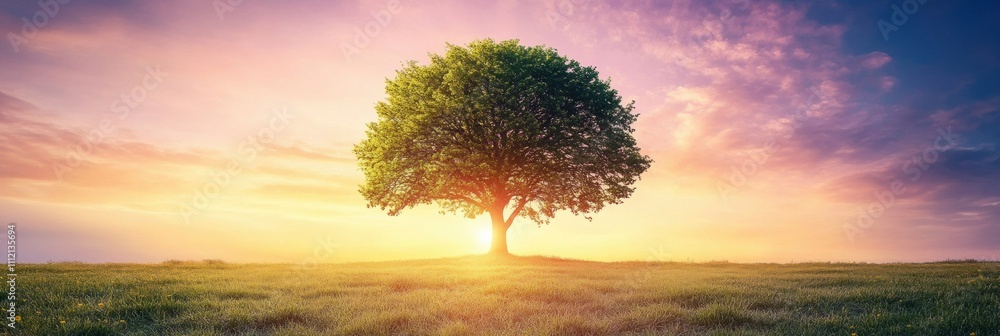 Poster a lone tree stands in a vast field, bathed in a stunning sunset, creating a serene space perfect for