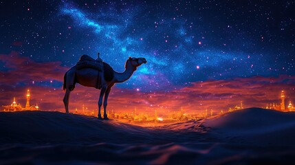 Fototapeta premium Camel silhouetted against a vibrant desert night sky with city lights.