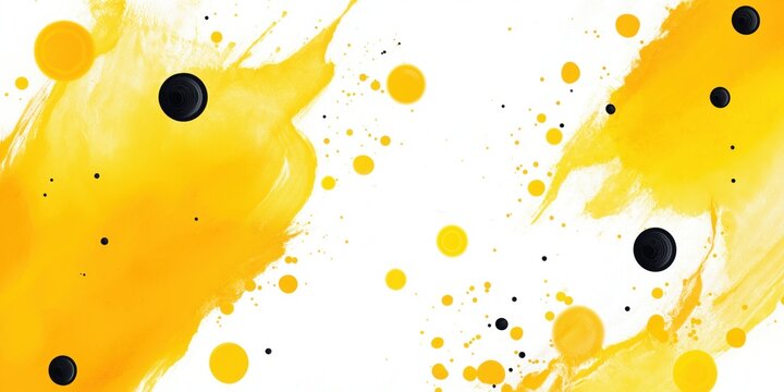A splash of yellow paint with black dots on a white background. The splatter of paint is chaotic and random, giving the impression of a burst of energy or excitement