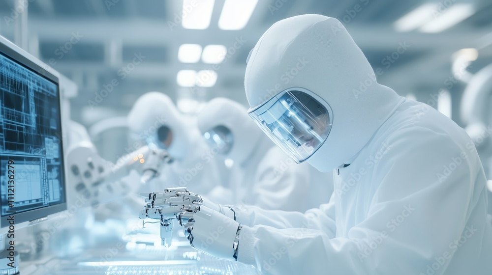 Poster scientists in protective suits working on robotic technology in a high-tech laboratory setting