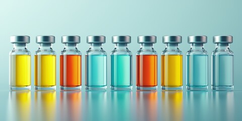 Colorful vials of liquid arranged neatly on a reflective surface.