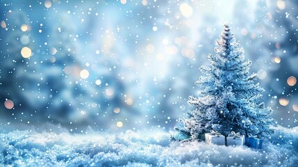 Holidays background with illuminated Christmas tree, gifts and decoration.