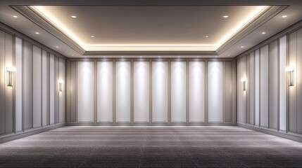 Elegant and Spacious Reception Area with Soft Lighting and Neutral Decor, Perfect for Events, Meetings, Exhibitions, and Creative Gatherings in Modern Interiors