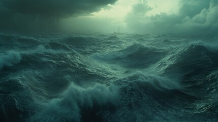 Fototapeta premium Dramatic Ocean Waves Under Dark Stormy Clouds with Distant Lighthouse on the Horizon, Evoking Feelings of Mystery and Power in Nature's Elemental Force